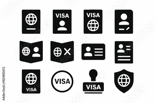 Set of black icons representing various passport and visa elements