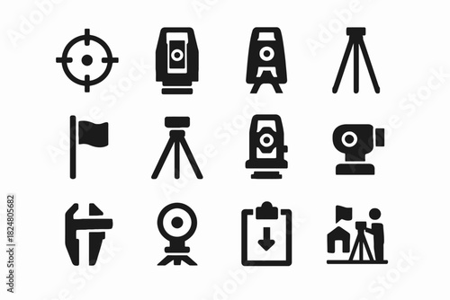 Surveying equipment icons: tripods, targets, levels, flags, total stations, calipers