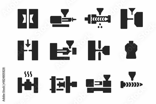 Injection molding process icons set: machinery and techniques