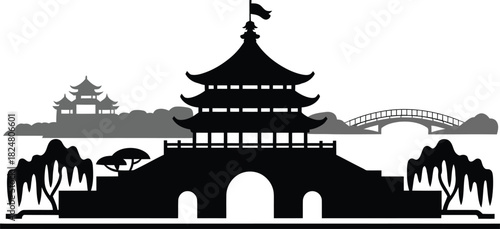 Asian pagoda silhouette with tiered roof bridge and traditional weeping willow trees