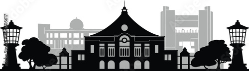 Asian inspired building silhouette with ornate roof gardens and lampposts urban panorama