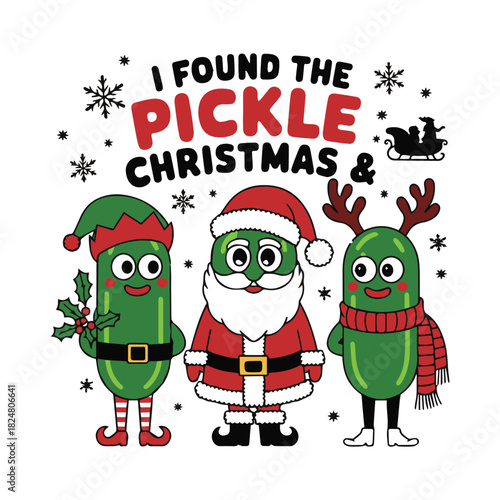 Festive pickle cartoon characters celebrate Christmas, adorned in holiday apparel against a white backdrop, transparent Christmas t shirt design
