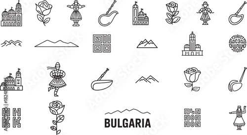 Bulgaria line art collection set icons traditional culture landmarks and items