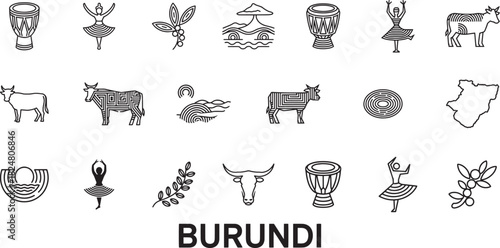 Burundi landmarks and culture line icons set burundian traditions travel symbols illustrations collection