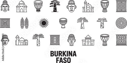 Burkina faso landmarks and culture line icons set burkinabe traditions travel symbols collection