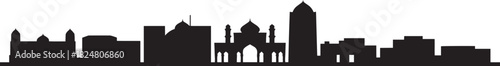 Cityscape silhouette with mosque domes and modern skyscrapers illustrating middle eastern architecture outline.