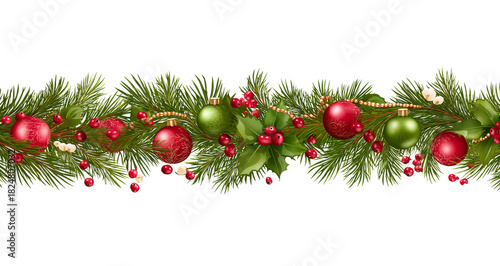 Christmas garland with pine branches red and green baubles and holly berries isolated on a transparent background