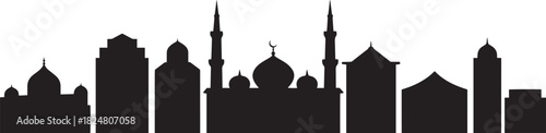 Islamic city skyline silhouette vector illustration featuring various mosques domes minarets buildings urban background.