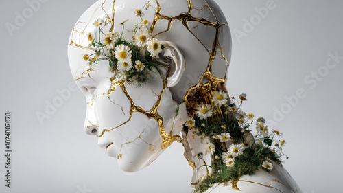 Gold-Mended Kintsugi Ceramic Female Bust Sculpture with Moss and Daisies, Representing Spiritual Healing and Rebirth.