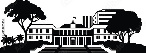Silhouette illustration of historical government building with trees and modern structures