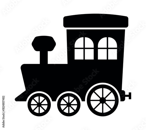 Vintage steam train silhouette illustration featuring a classic locomotive with large wheels and simple shapes, ideal for holiday designs, children's themes, Christmas decorations, toys, prints