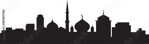 Silhouette vector of islamic cityscape featuring tall minaret domes and modern rectangular buildings urban panorama background.