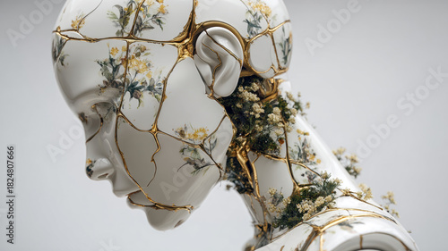 Futuristic Kintsugi Cyborg Head Sculpture with Floral Porcelain, Gold Cracks, Moss, and Mechanical Elements Symbolizing Rebirth.