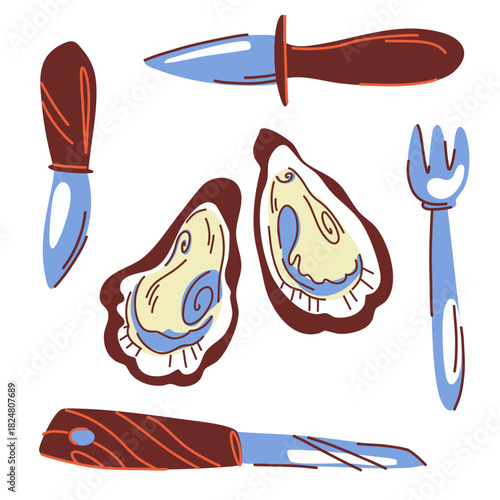 A composition with oysters and oyster eating utensils. Oyster knives, a shellfish fork