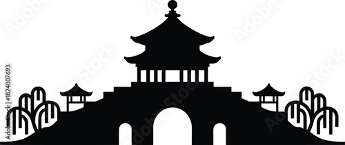 Traditional east asian pagoda temple structure silhouette vector illustration landmark drawing background