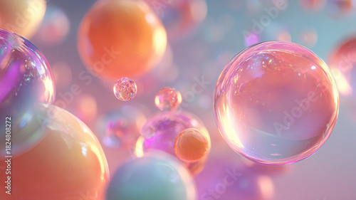 Dreamy Composition Of Floating Transparent Soap Bubbles With Rainbow Iridescent Colors On Soft Pastel Background