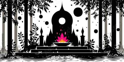 Abstract Forest with Lotus and Geometric Shapes