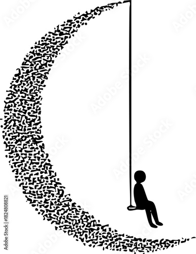 Person Swinging from Crescent Moon Illustration