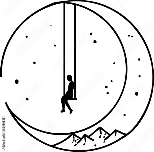 Person Swinging from Crescent Moon