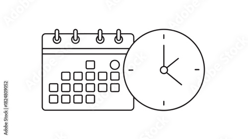 A simple line drawing depicts a calendar and clock representing time management and scheduling