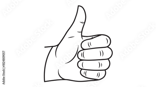 A simple black and white line drawing depicts a hand giving a thumbs up gesture