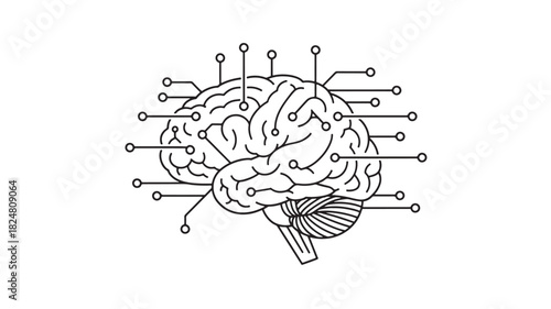 A detailed illustration depicts a human brain connected to various nodes via lines
