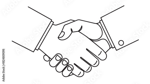 A simple line drawing depicting two hands firmly shaking in a gesture of agreement