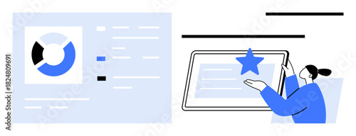 Person engaging with tablet showing star over content and pie chart beside statistics. Ideal for analytics, productivity, feedback, goals, evaluation, digital tools, innovation. Simple flat metaphor