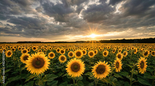 Fototapeta Naklejka Na Ścianę i Meble -  Breathtaking landscape of a blooming sunflower field at sunset with dramatic cloudy sky, golden sun rays, and vibrant yellow flowers in summer