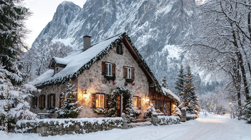 Charming stone cottage nestled in a winter wonderland with snow covered mountains