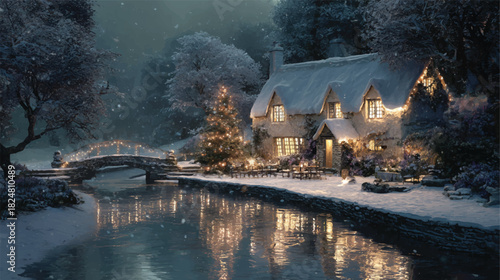 Charming Snow Covered Cottage Scene with Christmas Tree and Reflective River