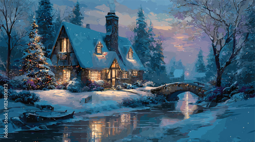 Charming winter cottage scene with snow covered trees and river reflection