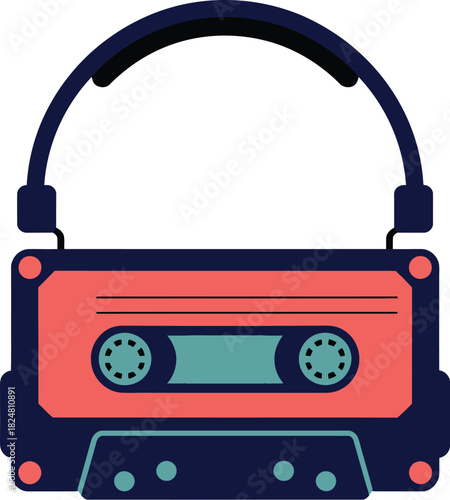 Retro cassette tape with headphones vector illustration music nostalgia audio