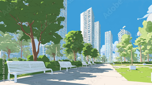 City park with benches trees and skyscrapers urban landscape vector style