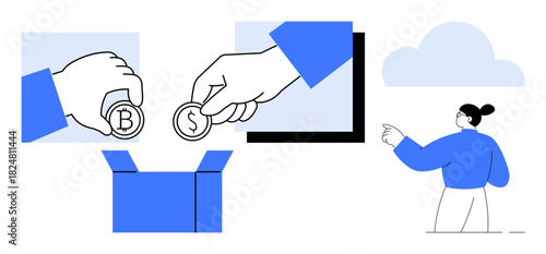 Hands holding and placing Bitcoin and dollar coins into a box, alongside a person pointing at a cloud. Ideal for finance, cryptocurrency, investment, saving, donation, cloud technology, innovation