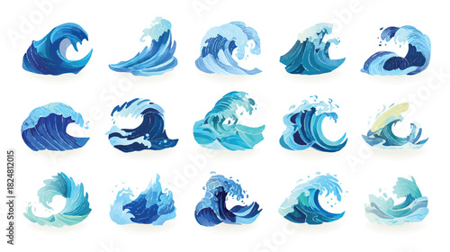Collection of decorative cartoon ocean waves set on an isolated background