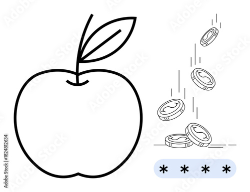 Minimalistic apple outline paired with coins dropping over a password field. Ideal for nutrition, health value, digital payment, investment, security, simplicity, and financial habits. Simple flat