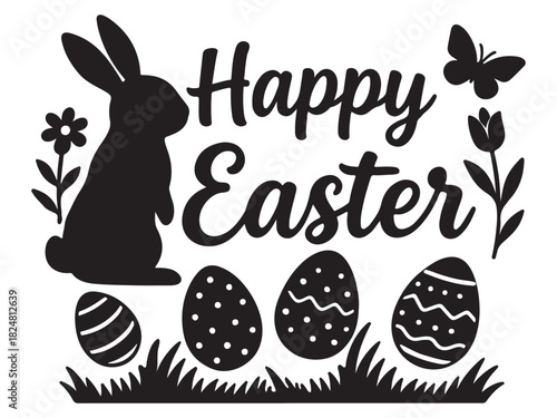 Silhouette design featuring an easter bunny, adorned with eggs, flowers and a butterfly vector illustration