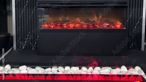 Realistic Logs Burning Electric Fireplace and White Pebbles Stones Steam Effects