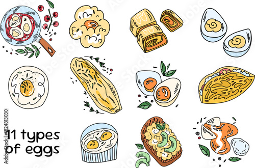 A large selection of eggs prepared in various ways. Fried eggs, omelettes, and boiled eggs