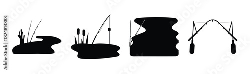 Angling equipment and nature elements silhouettes icon set