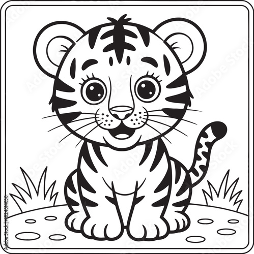 Playful Cub: An adorable illustration of a cute tiger cub sitting on grass, with big, expressive eyes and a playful expression, captures the charm and innocence of a young wild animal.