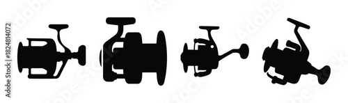 Set of fishing reel equipment silhouettes for angling activity