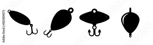 Fishing lures and bobber silhouettes set for angling sport