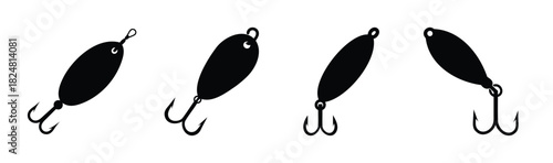 Fishing lure black silhouette set with treble hook designs