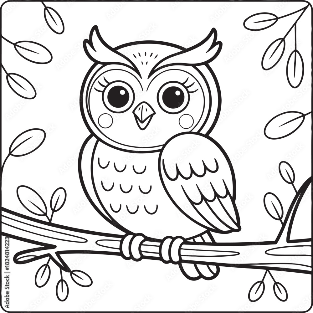Fototapeta premium Cute Owl on Branch Illustration: A charming owl illustration perches gracefully on a sturdy branch, exuding an air of wisdom and serenity in a delicate outline style, perfect for creative projects.
