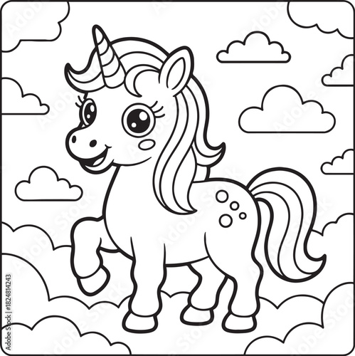 Enchanting Unicorn in Cloudscape: A whimsical unicorn, with its flowing mane and a spiraled horn, prances playfully amidst a sky filled with fluffy clouds. 