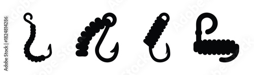 Collection of fishing hooks with artificial worms silhouettes