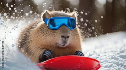 A capybara riding a red sled down a snowy slope. She is wearing blue ski goggles.	
