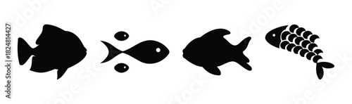 Various black fish silhouettes and icons for marine design